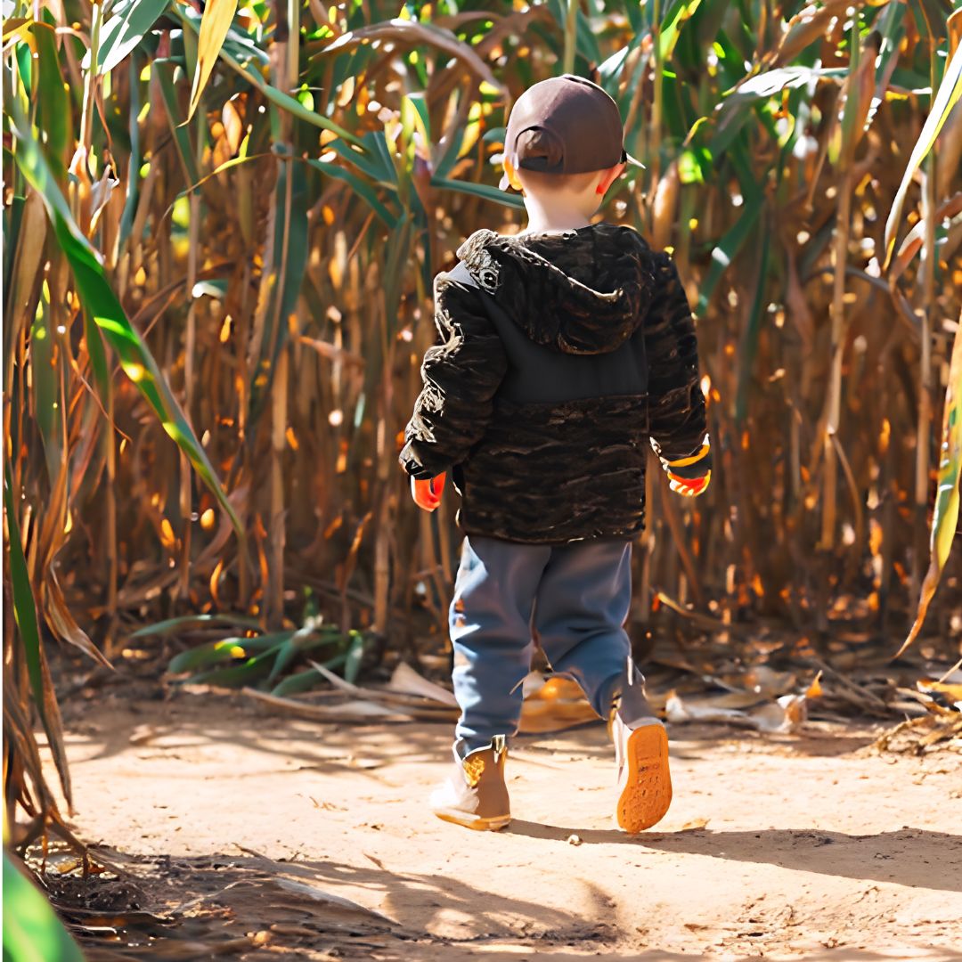 Family walking through the corn maze at Callaham Orchards