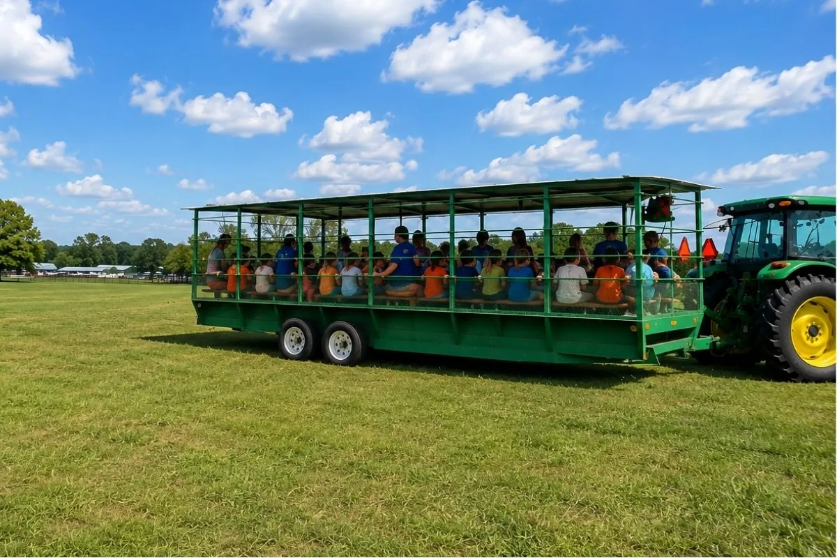 Students riding the farm wagon during a field trip at Callaham Orchards