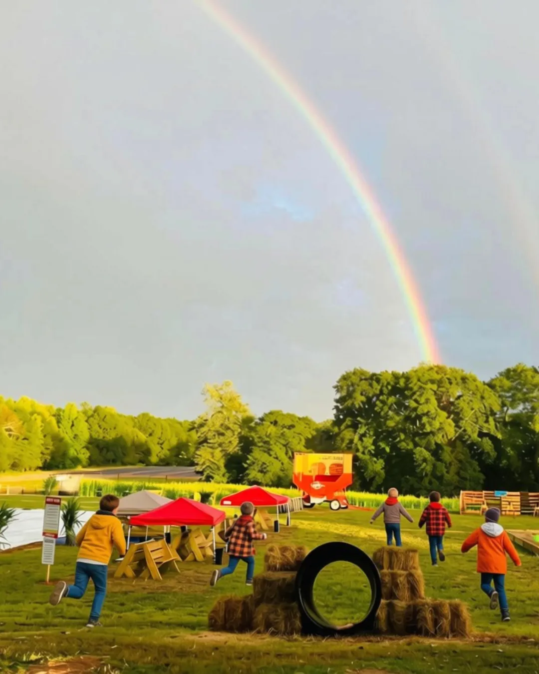 Rainbow over the play area at Callaham Orchards, with children running past hay bales and tents.